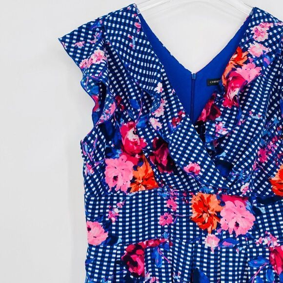 Chris McLaughlin Size 14 Navy Blue Checked Floral Flutter Sleeve Midi Dress - Picture 4 of 10
